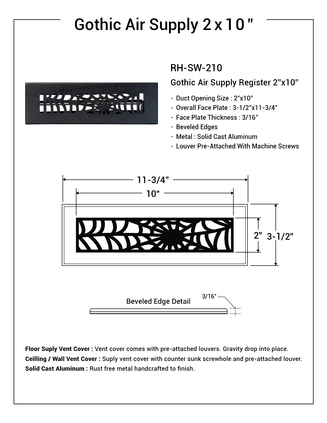 Spooky Gothic 2"x10"Solid Cast Aluminum louvered Air Supply |Powder Coated