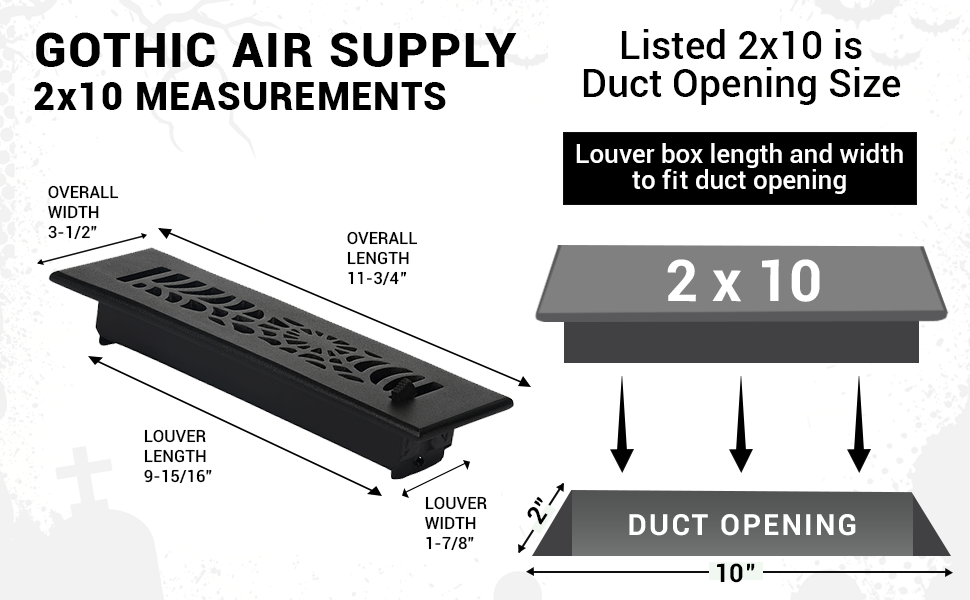 Spooky Gothic 2"x10"Solid Cast Aluminum louvered Air Supply |Powder Coated