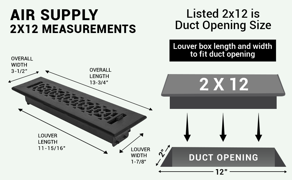 Achtek 2"x12" Solid Cast Aluminum Air Supply louvered Vent | Powder Coated