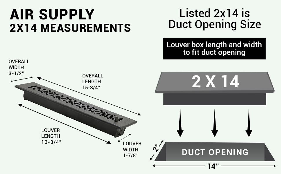 Achtek 2"x14"Solid Cast Aluminum Air Supply louvered Vent | Powder Coated