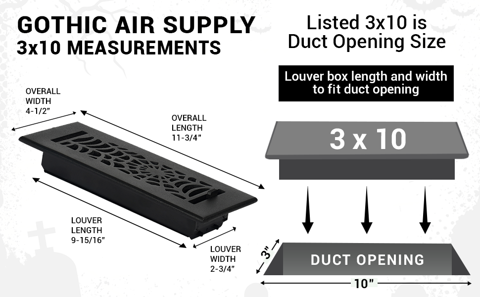 Spooky Gothic 3"x10"Solid Cast Aluminum louvered Air Supply |Powder Coated