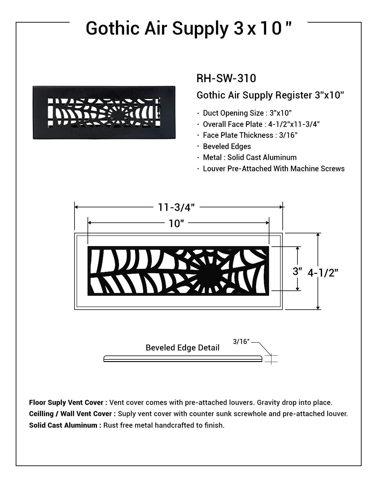 Spooky Gothic 3"x10"Solid Cast Aluminum louvered Air Supply |Powder Coated