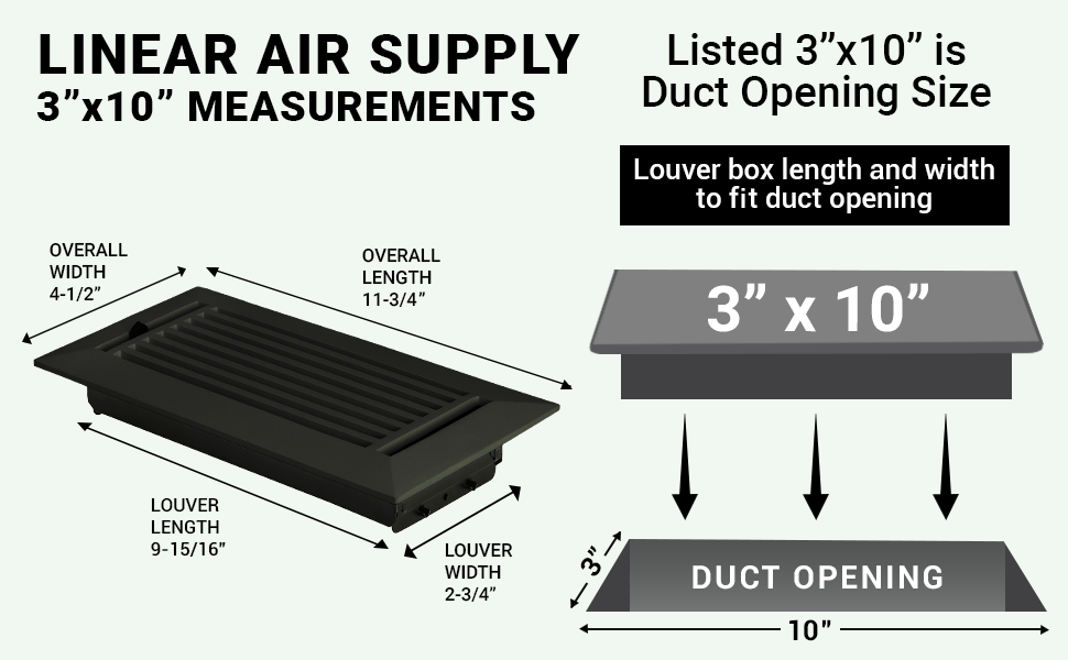 Linear 3"x10" Solid Cast Aluminum Air Supply louvered Vent | Powder Coated