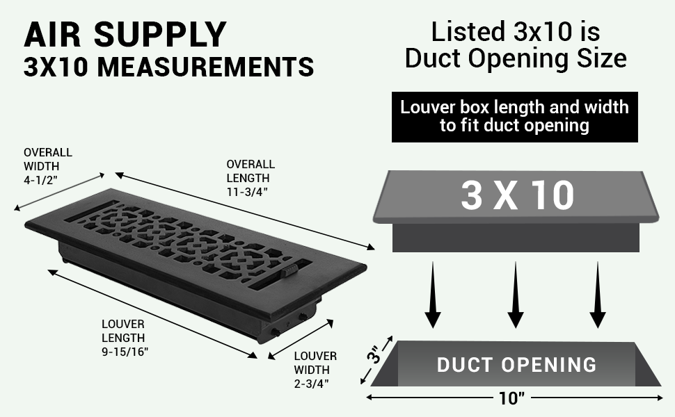 Achtek 3"x10"Solid Cast Aluminum Air Supply louvered Vent | Powder Coated