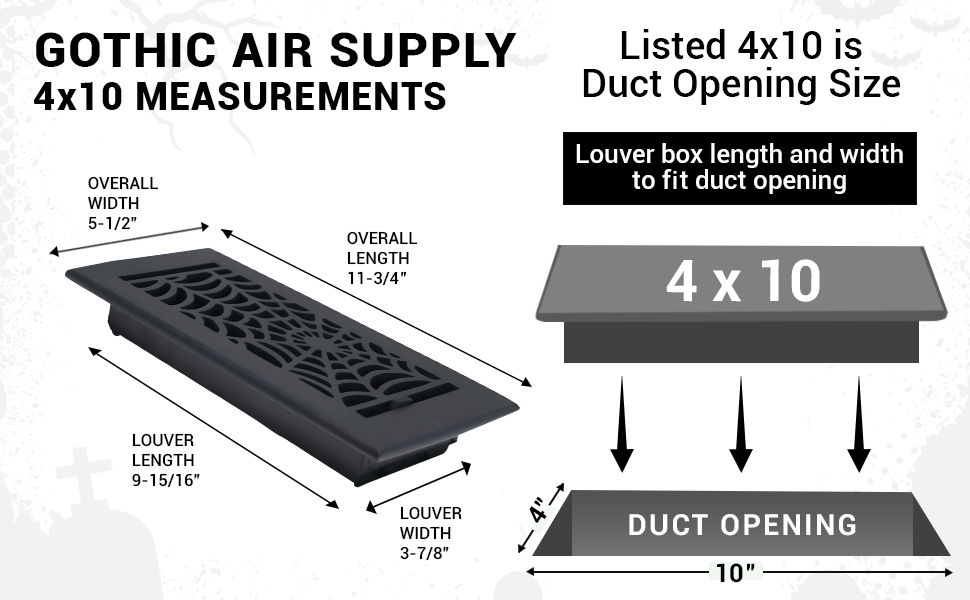 Spooky Gothic 4"x10"Solid Cast Aluminum louvered Air Supply |Powder Coated