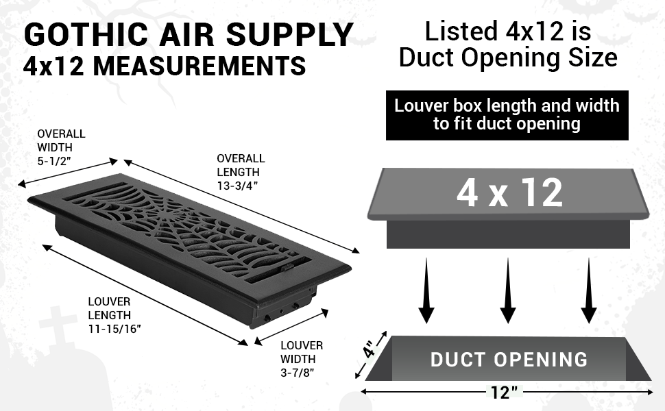 Spooky Gothic 4"x12"Solid Cast Aluminum louvered Air Supply |Powder Coated