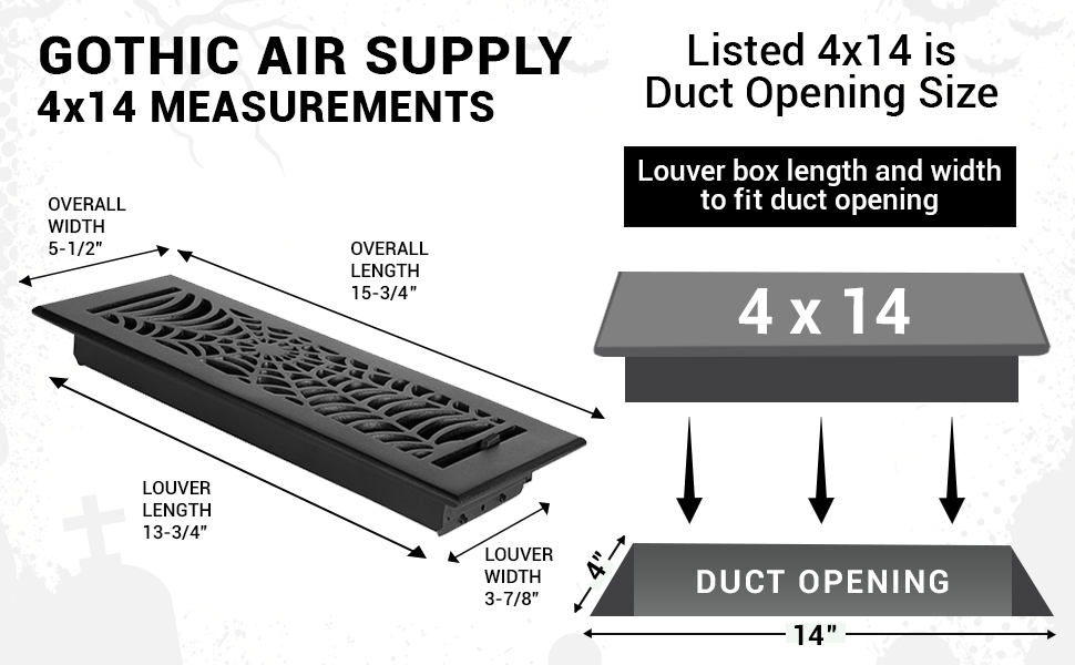 Spooky Gothic 4"x14"Solid Cast Aluminum louvered Air Supply |Powder Coated