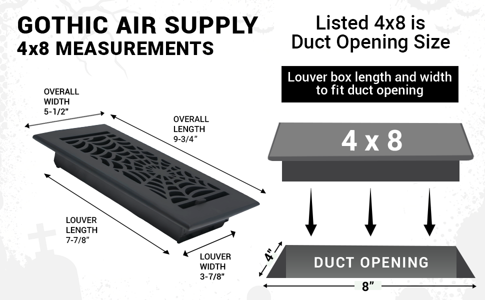 Spooky Gothic 4"x8" Solid Cast Aluminum louvered Air Supply | Powder Coated