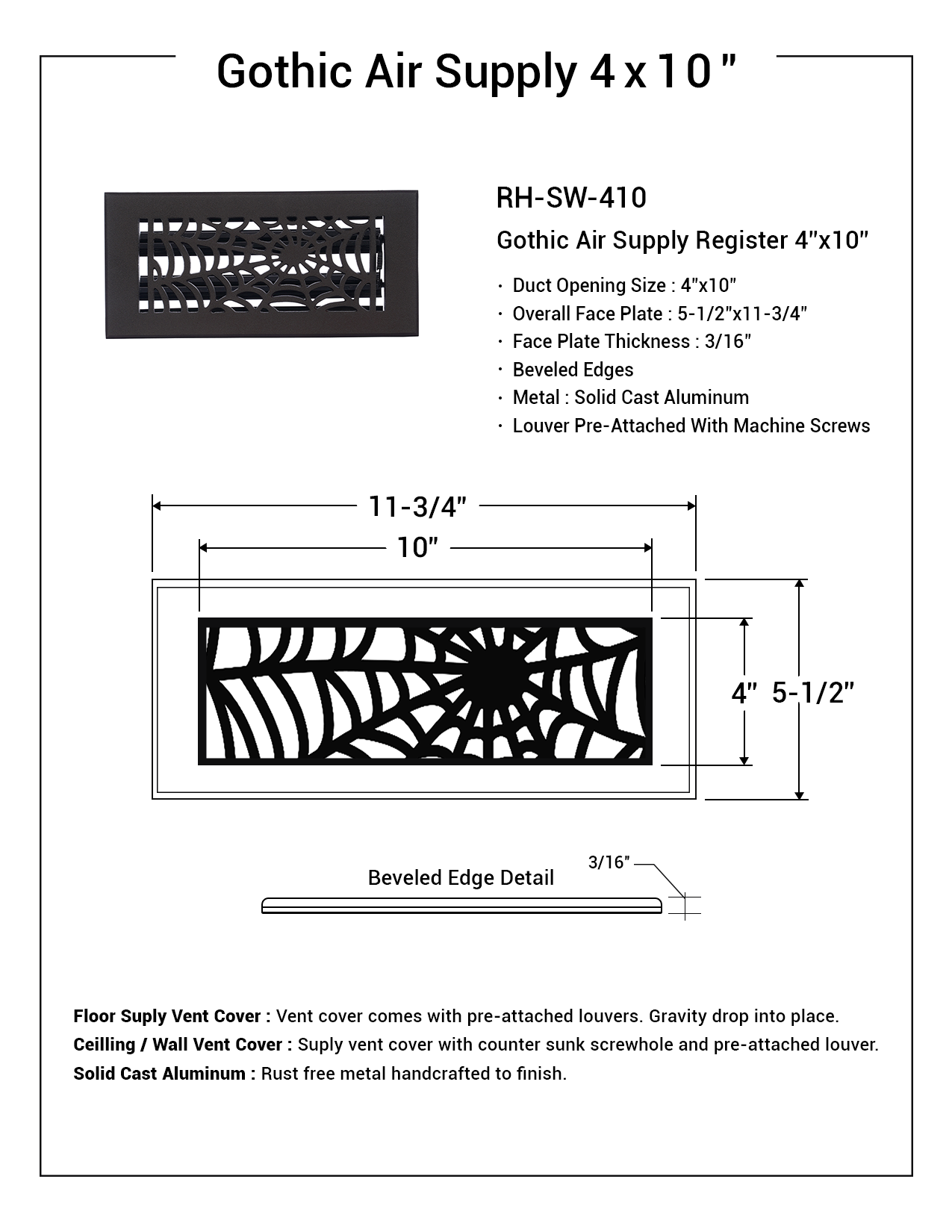 Spooky Gothic 4"x10"Solid Cast Aluminum louvered Air Supply |Powder Coated