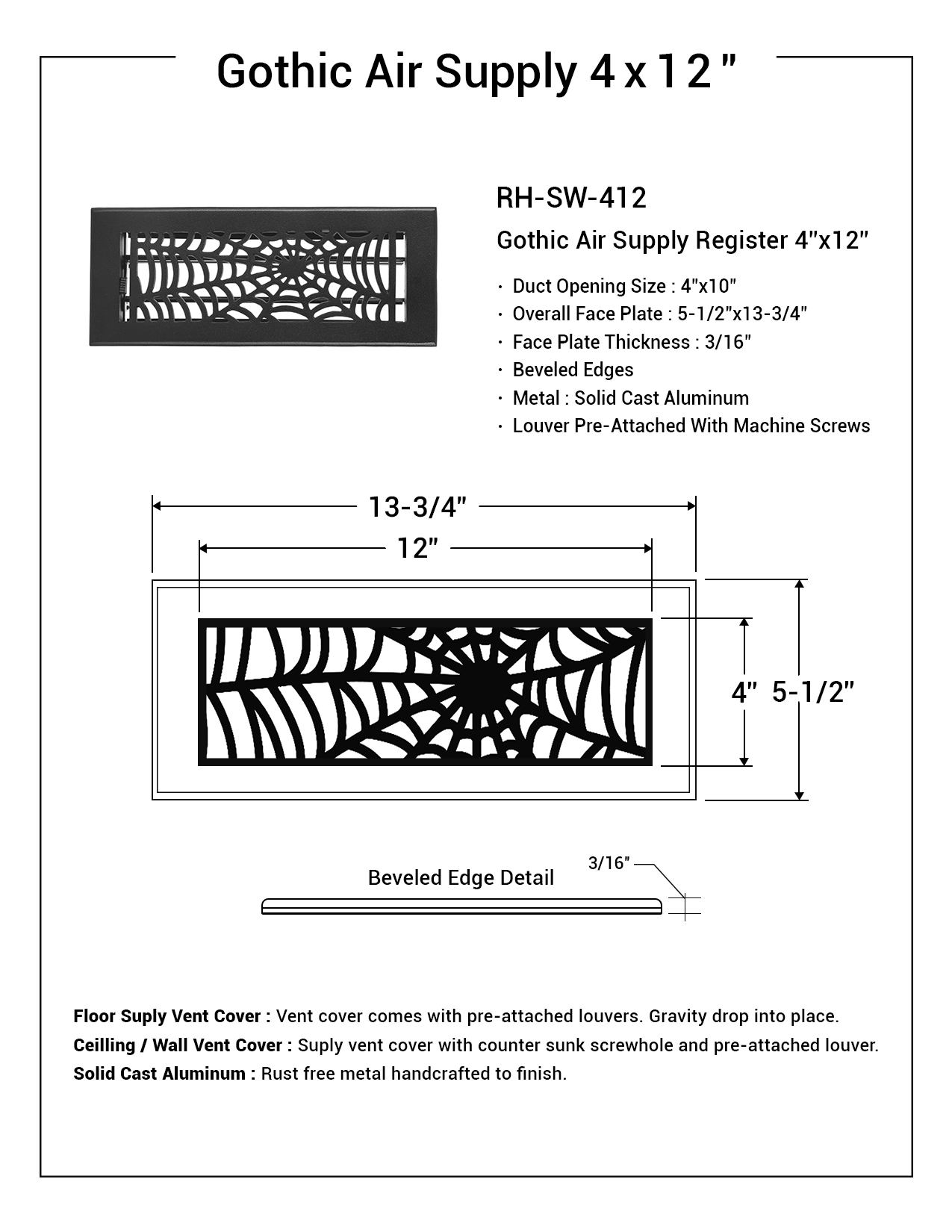 Spooky Gothic 4"x12"Solid Cast Aluminum louvered Air Supply |Powder Coated