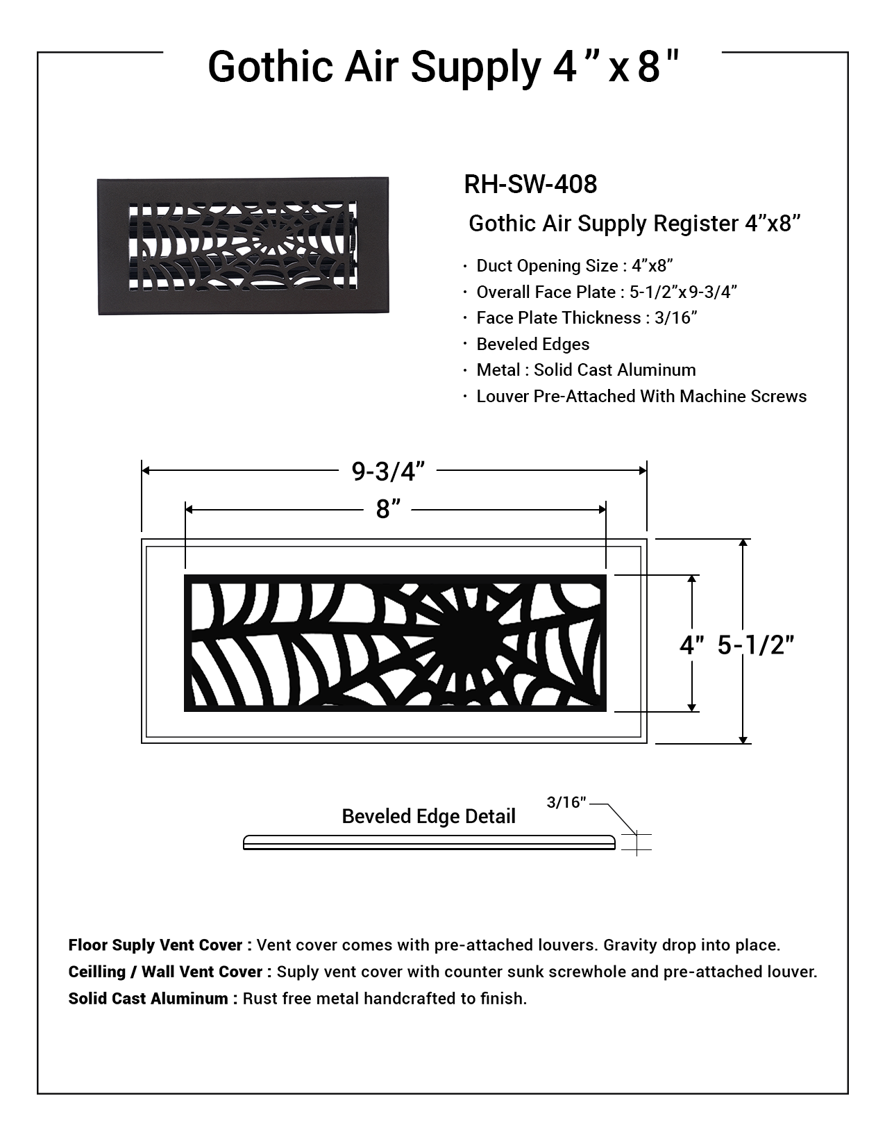 Spooky Gothic 4"x8" Solid Cast Aluminum louvered Air Supply | Powder Coated