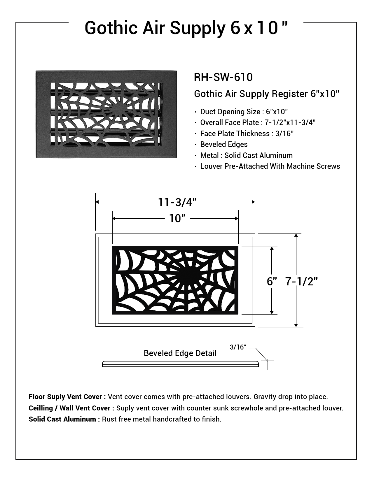 Spooky Gothic 6"x10"Solid Cast Aluminum louvered Air Supply |Powder Coated