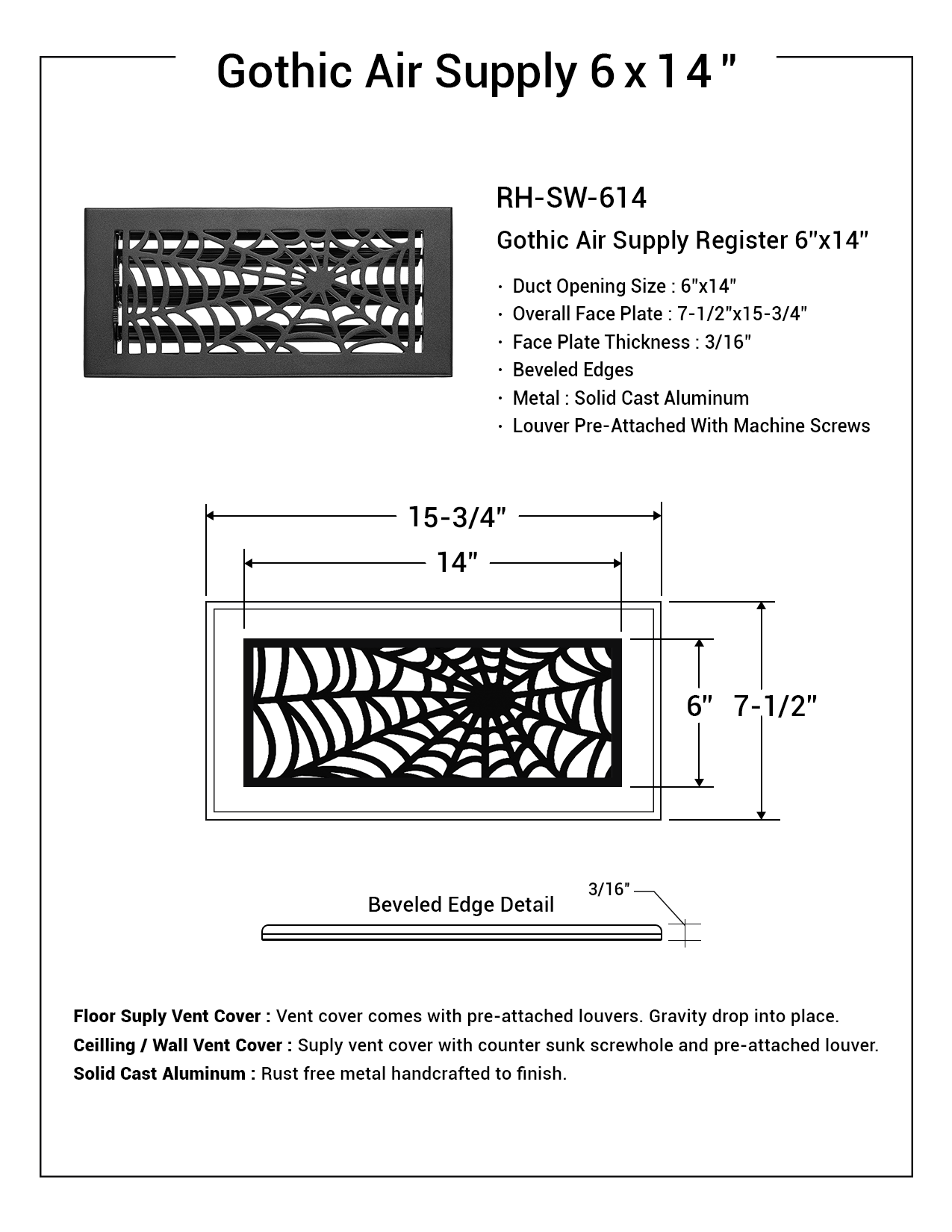 Spooky Gothic 6"x14"Solid Cast Aluminum louvered Air Supply |Powder Coated