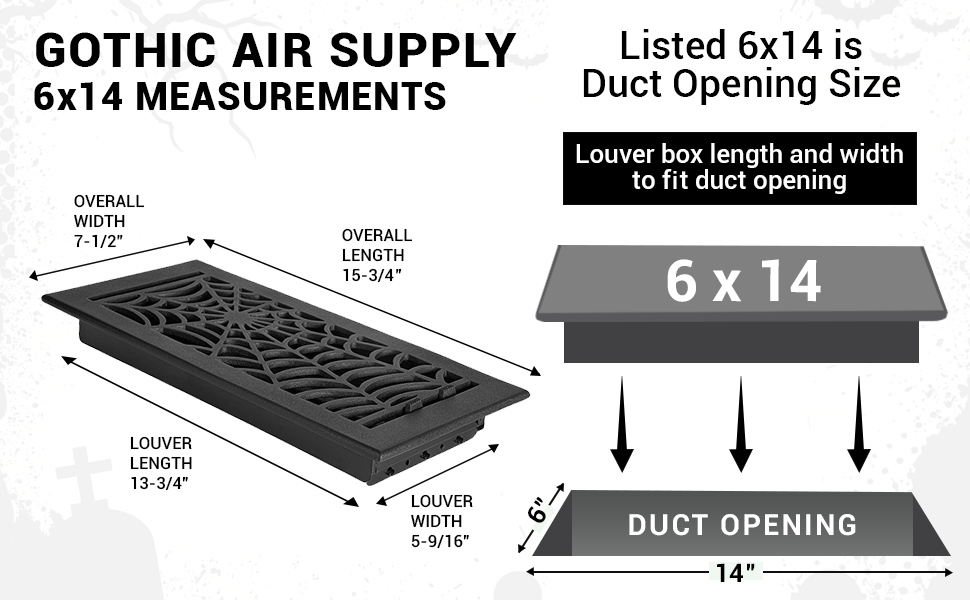 Spooky Gothic 6"x14"Solid Cast Aluminum louvered Air Supply |Powder Coated