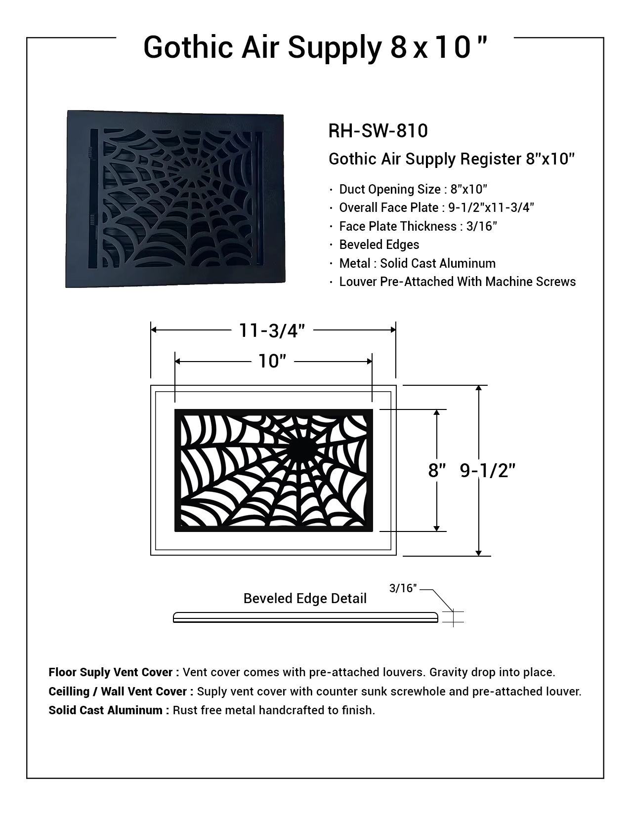 Spooky Gothic 8"x10"Solid Cast Aluminum louvered Air Supply |Powder Coated