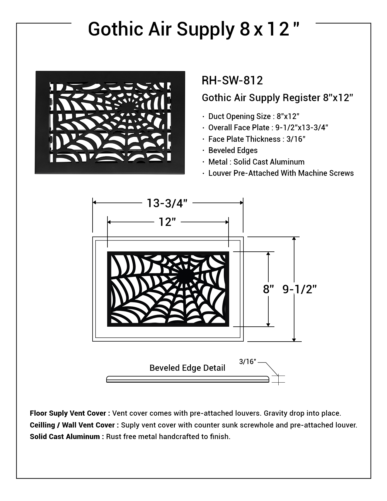 Spooky Gothic 8"x12"Solid Cast Aluminum louvered Air Supply |Powder Coated