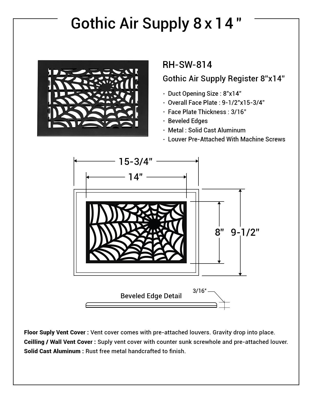 Spooky Gothic 8"x14"Solid Cast Aluminum louvered Air Supply |Powder Coated