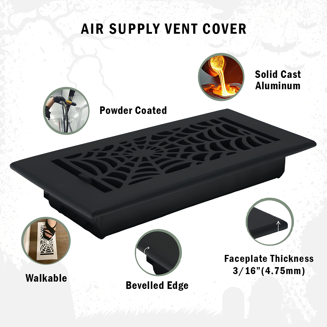 PACK of 5 Spooky Gothic 4"x10" Walkable FLOOR Solid Cast Aluminum Air Supply louvered Powder Coated