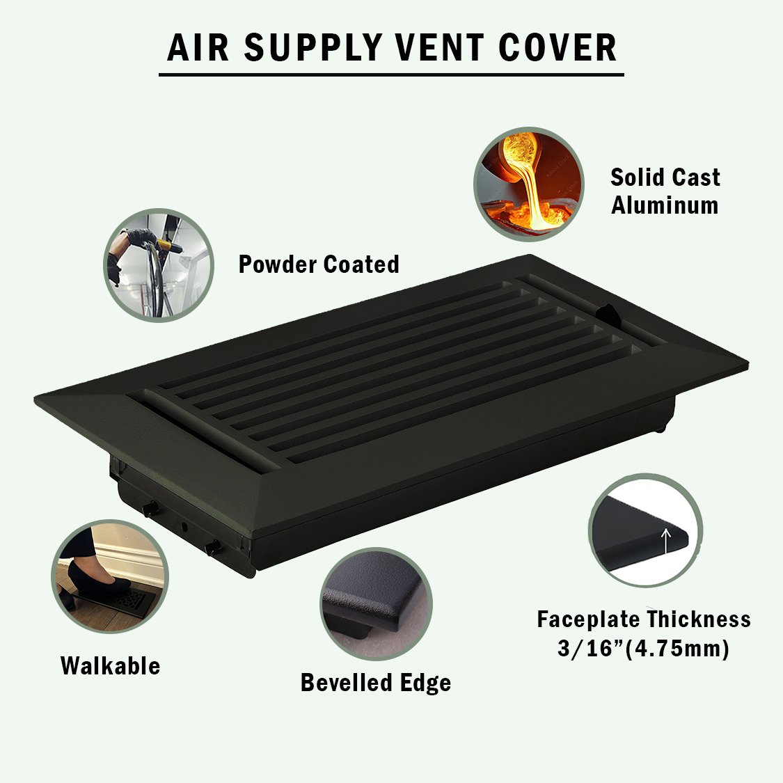 Linear 3"x10" Solid Cast Aluminum Air Supply louvered Vent | Powder Coated