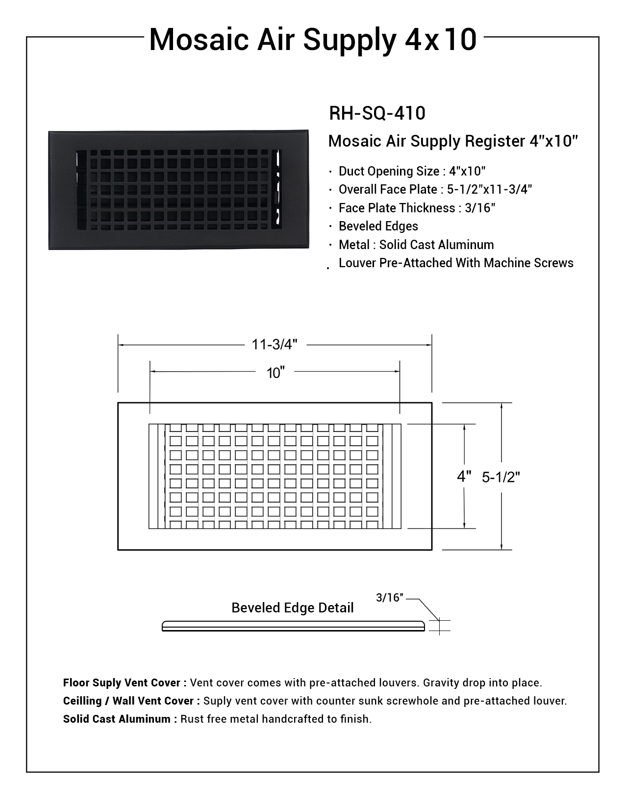 PACK of 10 MOSAIC 4"x10" WALL/CEILING Solid Cast Aluminum Air Supply louvered Powder Coated