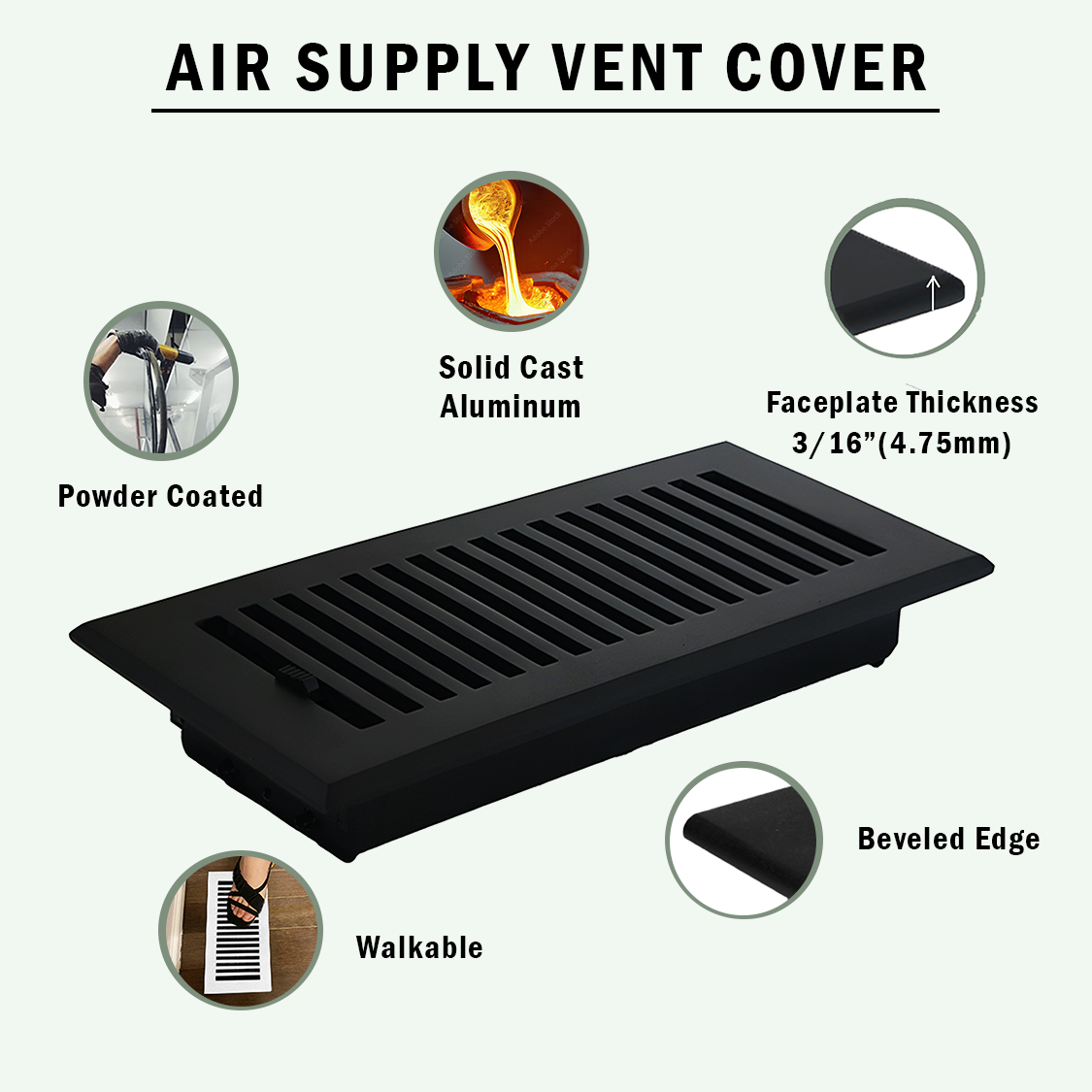 PACK of 9 SLEEK 4"x10" Walkable FLOOR Solid Cast Aluminum Air Supply louvered Powder Coated