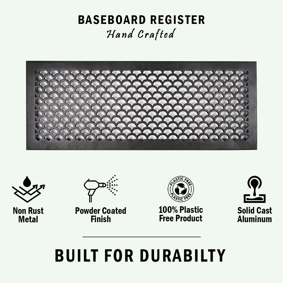 Scallop BASEBOARD 6"x24" Duct opening Solid Cast Aluminum Grill Vent Cover | Powder Coated